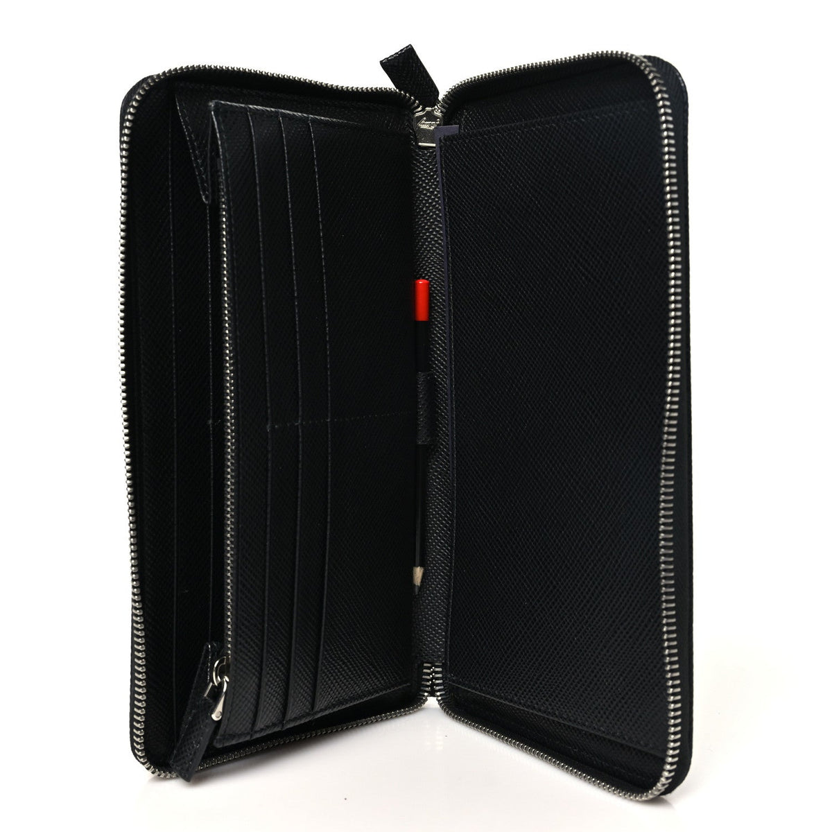 Saffiano Metal Large Zip Around Travel Wallet Black