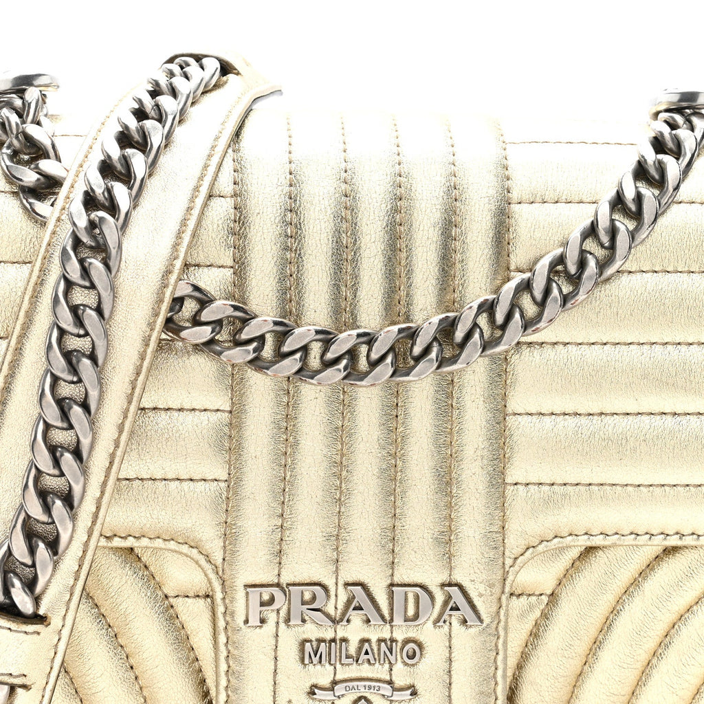 Metallic Nappa Impunture Diagramme Medium Chain Flap Shoulder Bag  Gold