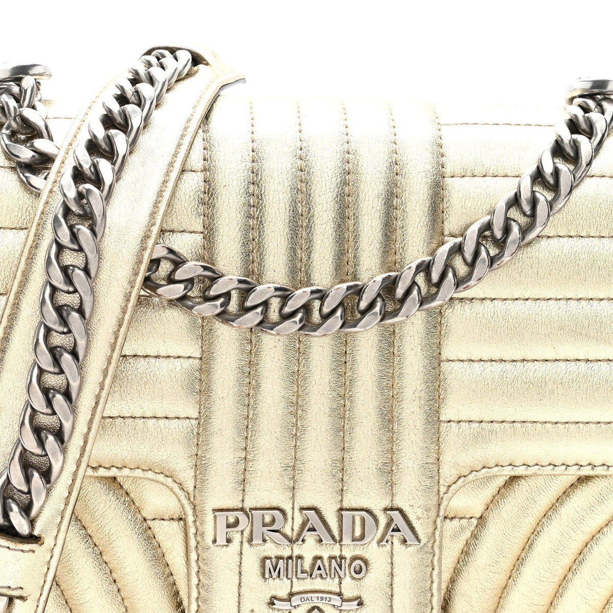 Metallic Nappa Impunture Diagramme Medium Chain Flap Shoulder Bag  Gold