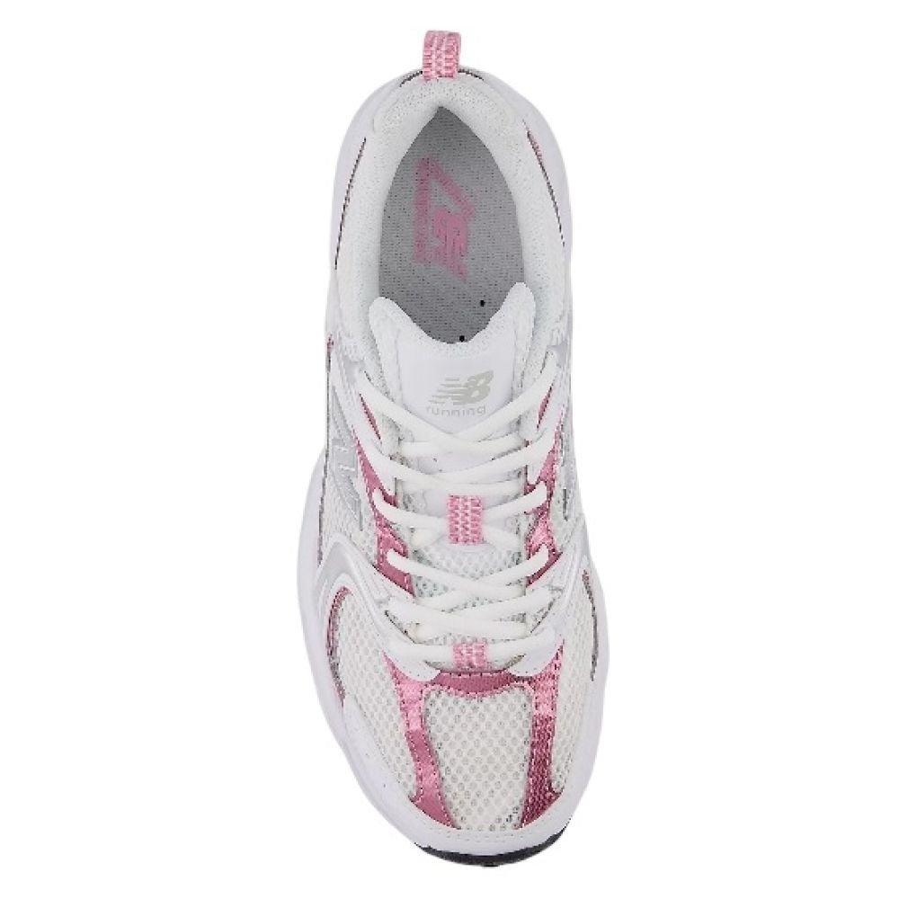 New Balance Women's 530 in White with Pink Sugar and Silver Metallic
