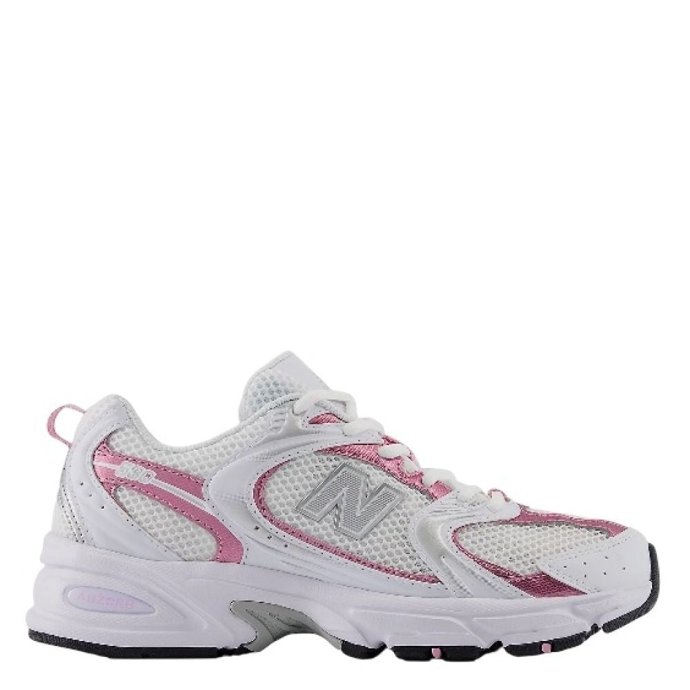 New Balance Women's 530 in White with Pink Sugar and Silver Metallic
