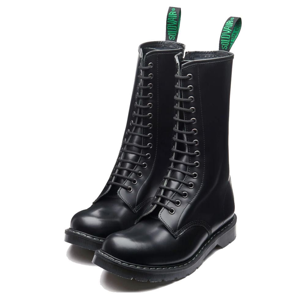 Solovair 14 Eye Zip Derby Boot in Black Hi-Shine