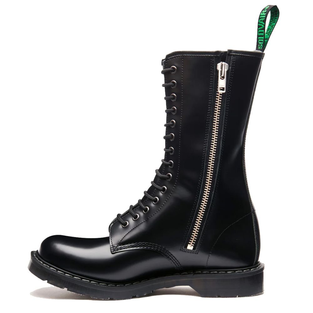 Solovair 14 Eye Zip Derby Boot in Black Hi-Shine