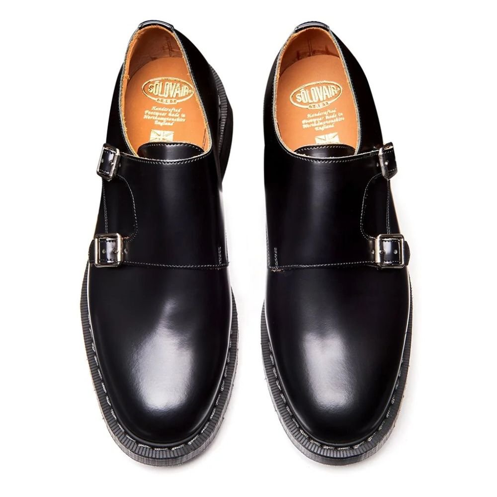 Solovair Double Buckle Monk in Black Hi-Shine